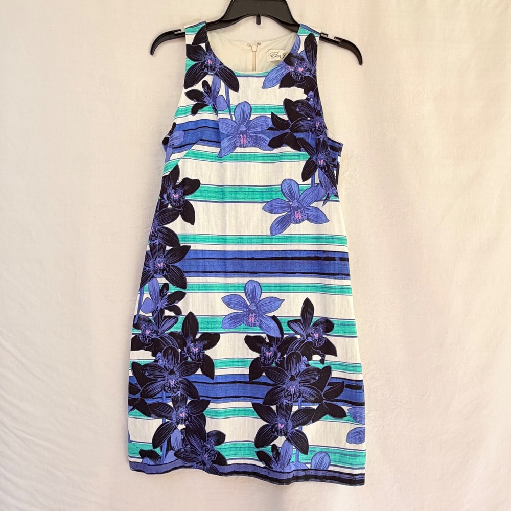 Eliza J Shift Dress Womens 4 Blue Green Floral Striped Sleeveless Round Neck